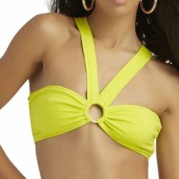 Womens Bralette Halter Top Nicki Minaj Yellow Large O-Ring Stretch Knit Crop Top - Picture 1 of 3